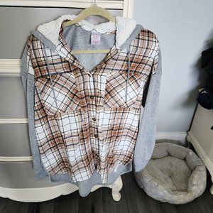 Plaid button shirt with sherpa hood